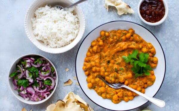 roasted red pepper and chickpea korma with pumpkin and coconut milk