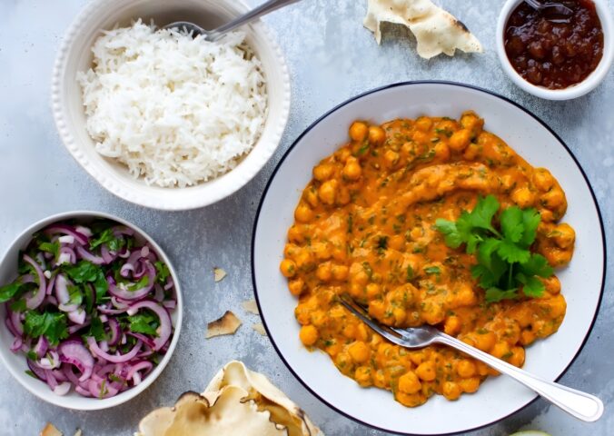 roasted red pepper and chickpea korma with pumpkin and coconut milk