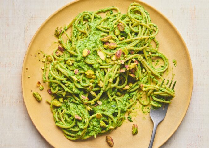 spinach and pistachio spaghetti with silken tofu and nutritional yeast