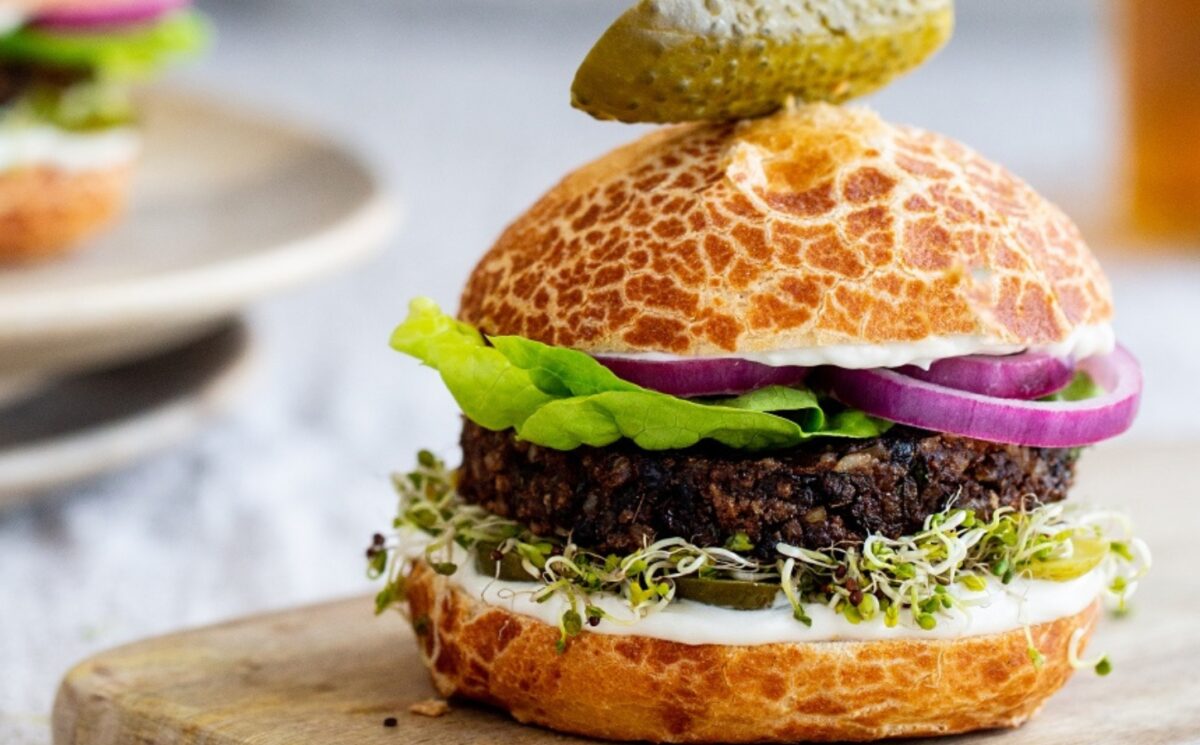 teriyaki black bean burgers with brown rice, silken tofu, vegan mayo, and lime zest
