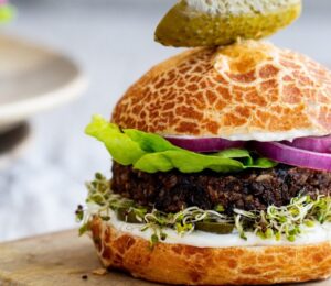 teriyaki black bean burgers with brown rice, silken tofu, vegan mayo, and lime zest