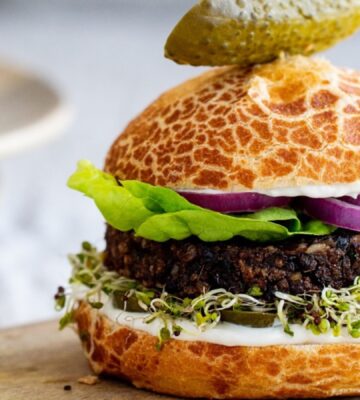 teriyaki black bean burgers with brown rice, silken tofu, vegan mayo, and lime zest