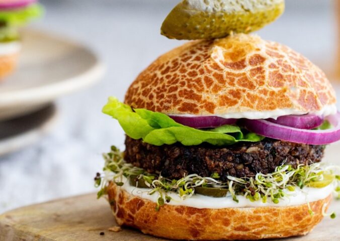teriyaki black bean burgers with brown rice, silken tofu, vegan mayo, and lime zest