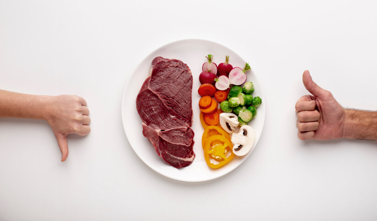 Photo shows a plate half filled with raw meat and half filled with raw vegetables. One person's hand is doing a "thumbs up" by the vegetables, while another does a "thumbs down" by the meat
