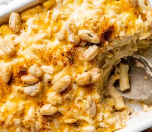 a dish full of vegan mac and beans with crispy beans on the side for high-protein recipes for winter