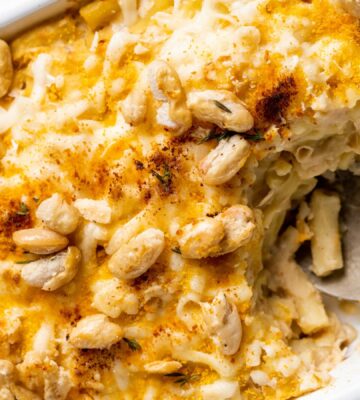 a dish full of vegan mac and beans with crispy beans on the side for high-protein recipes for winter