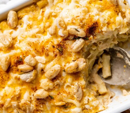 a dish full of vegan mac and beans with crispy beans on the side for high-protein recipes for winter