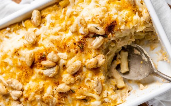 a dish full of vegan mac and beans with crispy beans on the side for high-protein recipes for winter
