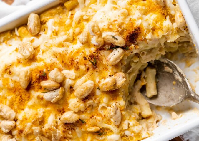 a dish full of vegan mac and beans with crispy beans on the side for high-protein recipes for winter