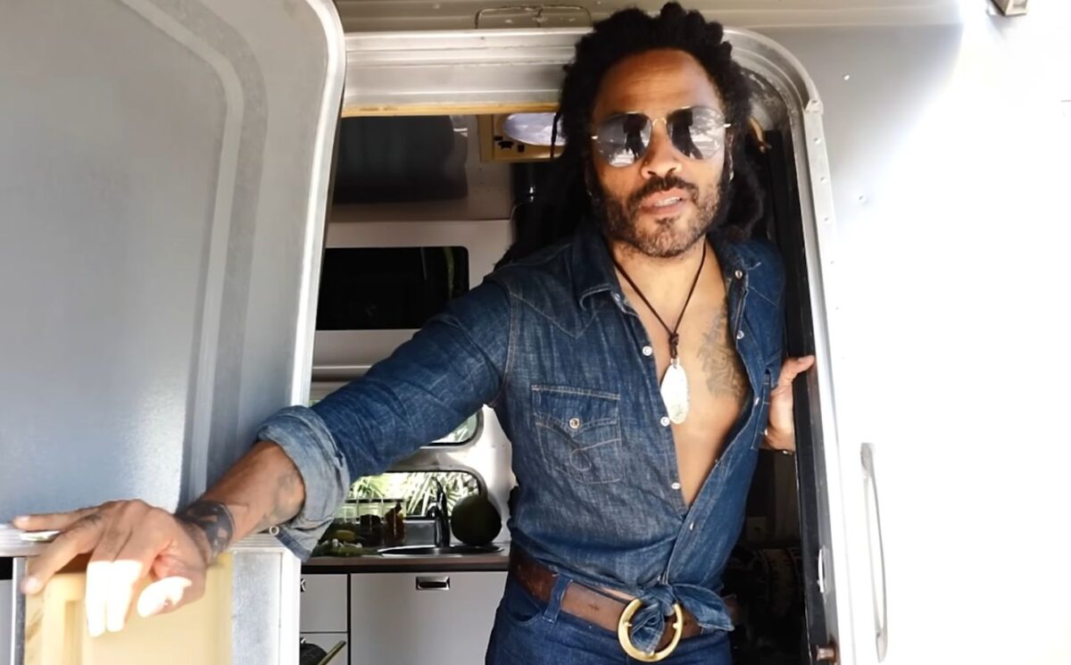 Photo shows Lenny Kravitz at his airstream home in the Bahamas, where he previously spoke with Men's Health US about his diet and exercise routine