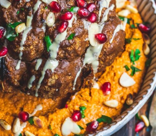 whole roasted cauliflower with harissa and red pepper hummus for roasted red pepper recipes