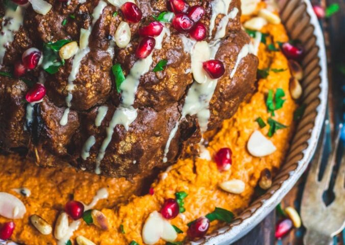 whole roasted cauliflower with harissa and red pepper hummus for roasted red pepper recipes