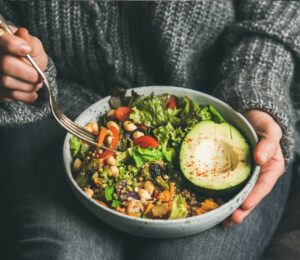 Healthy vegetarian dinner with grains, beans, and vegetables, showing how diverse plant foods support gut health and help achieve 30 plants per week
