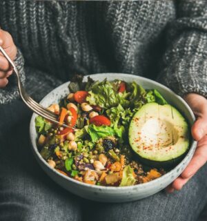 Healthy vegetarian dinner with grains, beans, and vegetables, showing how diverse plant foods support gut health and help achieve 30 plants per week