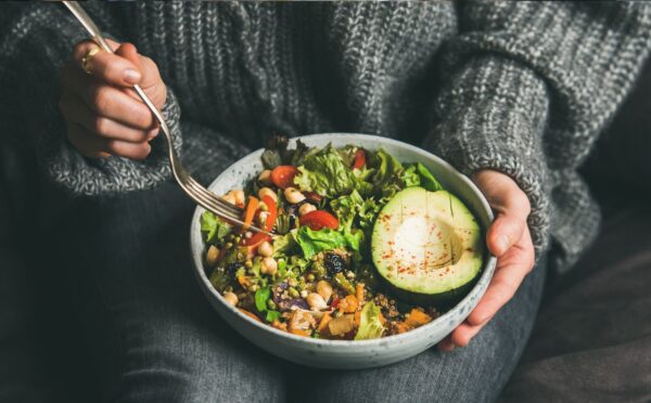 Healthy vegetarian dinner with grains, beans, and vegetables, showing how diverse plant foods support gut health and help achieve 30 plants per week