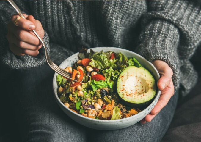 Healthy vegetarian dinner with grains, beans, and vegetables, showing how diverse plant foods support gut health and help achieve 30 plants per week