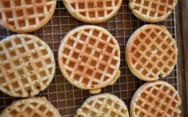 Freshly made oat waffles cooling on a wire rack as part of freezer friendly vegan meals prep