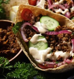 The vegan shawarma recipe comes to life in these pitas filled with shredded crispy tofu, cucumber, tomatoes, sumac onions, and drizzled with tahini sauce