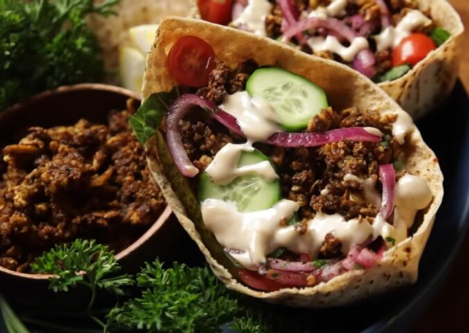The vegan shawarma recipe comes to life in these pitas filled with shredded crispy tofu, cucumber, tomatoes, sumac onions, and drizzled with tahini sauce