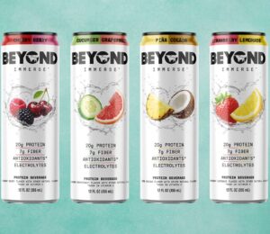 Photo shows the newest four flavors of Immerse, Beyond Meat's high-protein sparkling fruit drink range, including Cherry Berry, Strawberry Lemonade, Piña Colada, and Cucumber Grapefruit
