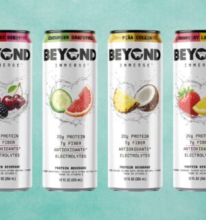 Photo shows the newest four flavors of Immerse, Beyond Meat's high-protein sparkling fruit drink range, including Cherry Berry, Strawberry Lemonade, Piña Colada, and Cucumber Grapefruit