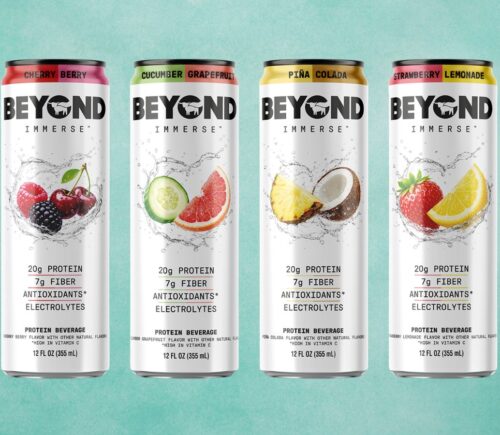 Photo shows the newest four flavors of Immerse, Beyond Meat's high-protein sparkling fruit drink range, including Cherry Berry, Strawberry Lemonade, Piña Colada, and Cucumber Grapefruit