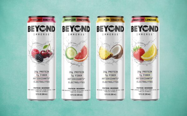 Photo shows the newest four flavors of Immerse, Beyond Meat's high-protein sparkling fruit drink range, including Cherry Berry, Strawberry Lemonade, Piña Colada, and Cucumber Grapefruit
