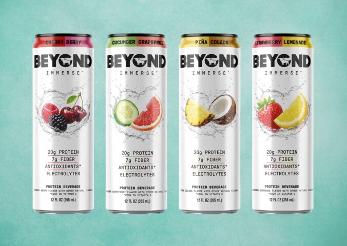 Photo shows the newest four flavors of Immerse, Beyond Meat's high-protein sparkling fruit drink range, including Cherry Berry, Strawberry Lemonade, Piña Colada, and Cucumber Grapefruit