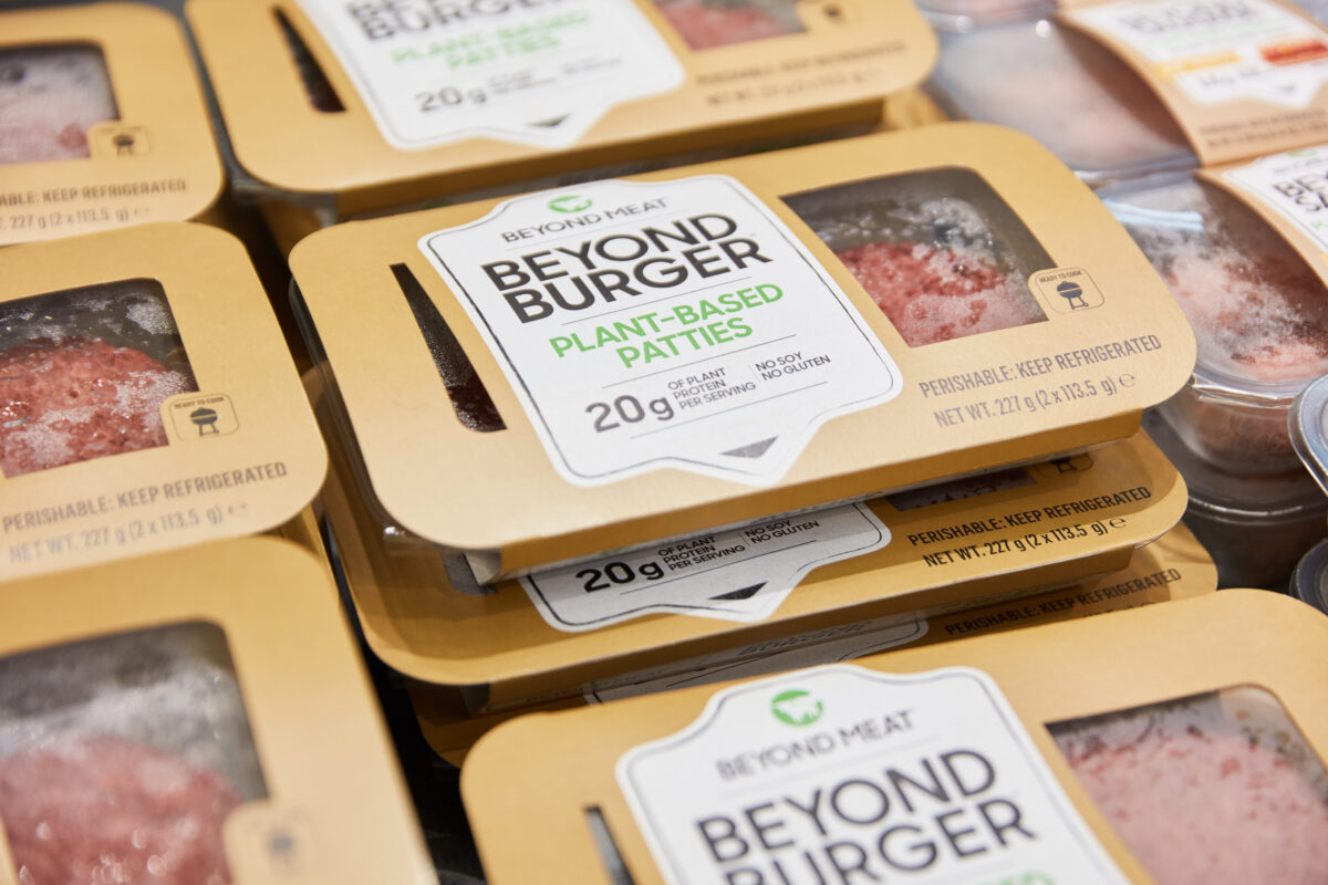 Photo shows packages of Beyond Burgers, one of Beyond Meat's most popular products, in a refrigerator