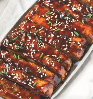 a picture of vegan char siu tofu made with hoisin sauce and five spice for Chinese-inspired dishes