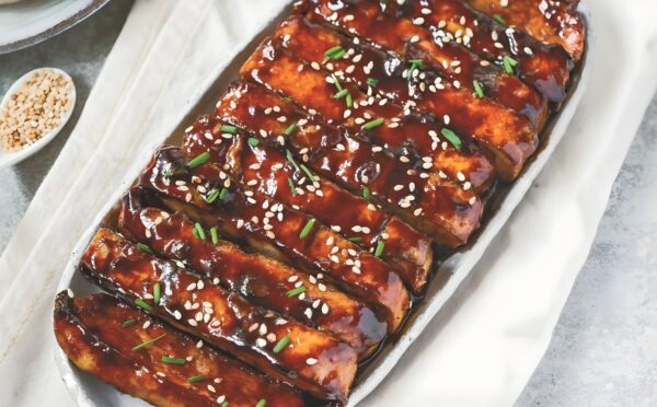 a picture of vegan char siu tofu made with hoisin sauce and five spice for Chinese-inspired dishes