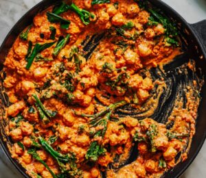 Creamy Romesco Chickpeas with silken tofu and jarred red bell pepper