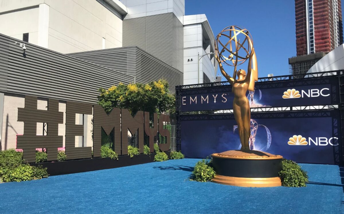 Photo shows the blue carpet at the 2018 Emmy Awards, or the "Emmys," as organized by The Academy of Television Arts & Sciences (ATAS). The Emmys will be fur-free from this year