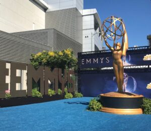 Photo shows the blue carpet at the 2018 Emmy Awards, or the "Emmys," as organized by The Academy of Television Arts & Sciences (ATAS). The Emmys will be fur-free from this year