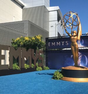 Photo shows the blue carpet at the 2018 Emmy Awards, or the "Emmys," as organized by The Academy of Television Arts & Sciences (ATAS). The Emmys will be fur-free from this year