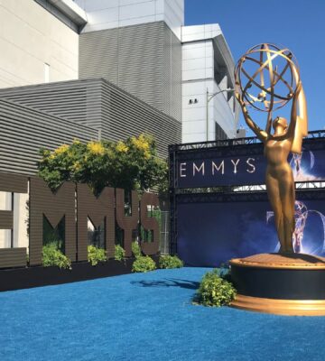 Photo shows the blue carpet at the 2018 Emmy Awards, or the "Emmys," as organized by The Academy of Television Arts & Sciences (ATAS). The Emmys will be fur-free from this year