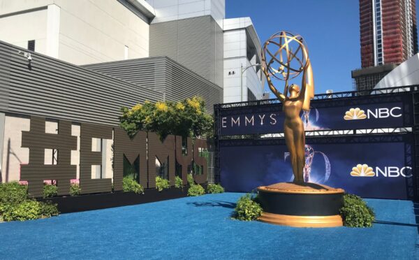 Photo shows the blue carpet at the 2018 Emmy Awards, or the "Emmys," as organized by The Academy of Television Arts & Sciences (ATAS). The Emmys will be fur-free from this year