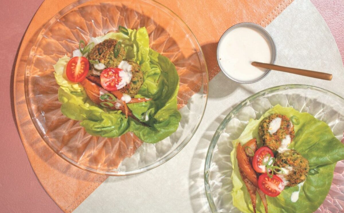 a picture of falafel-pear lettuce wraps with cumin pears, garlic tahini, chickpea and fava bean falafel, and butter lettuce for picnic recipes