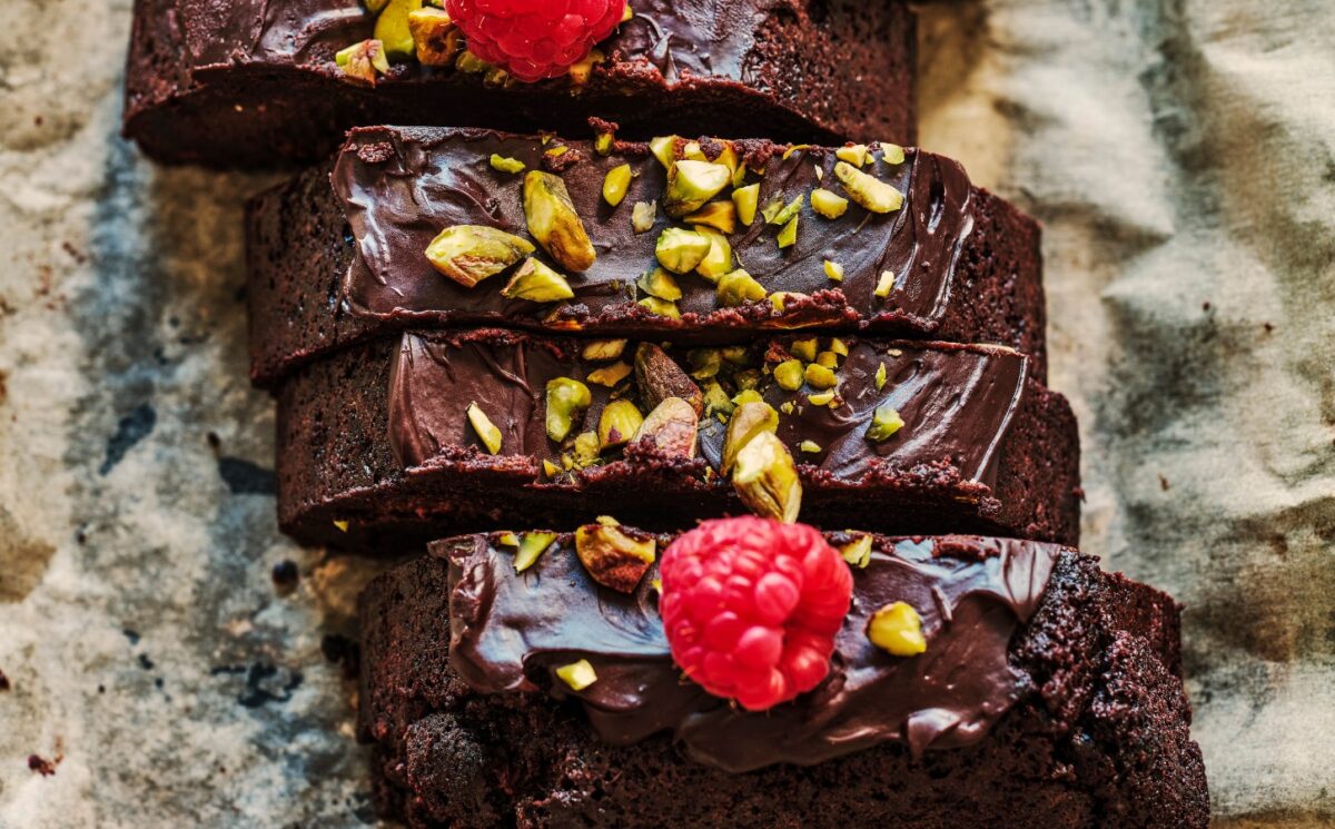 Flourless Chocolate Pistachio Raspberry Torte with almond flour and silken tofu