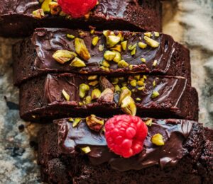 Flourless Chocolate Pistachio Raspberry Torte with almond flour and silken tofu