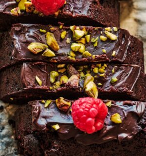 Flourless Chocolate Pistachio Raspberry Torte with almond flour and silken tofu