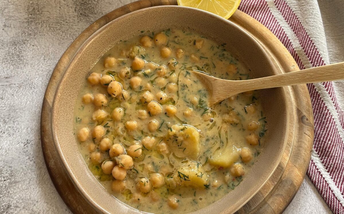 Greek Chickpea Lemon Stew with potatoes, olive oil, and nutritional yeast