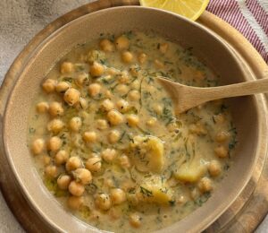 Greek Chickpea Lemon Stew with potatoes, olive oil, and nutritional yeast