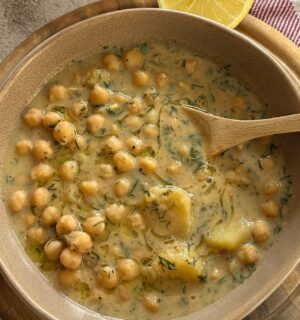 Greek Chickpea Lemon Stew with potatoes, olive oil, and nutritional yeast