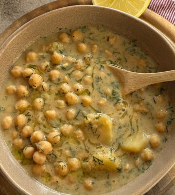 Greek Chickpea Lemon Stew with potatoes, olive oil, and nutritional yeast