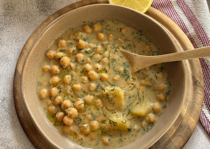 Greek Chickpea Lemon Stew with potatoes, olive oil, and nutritional yeast
