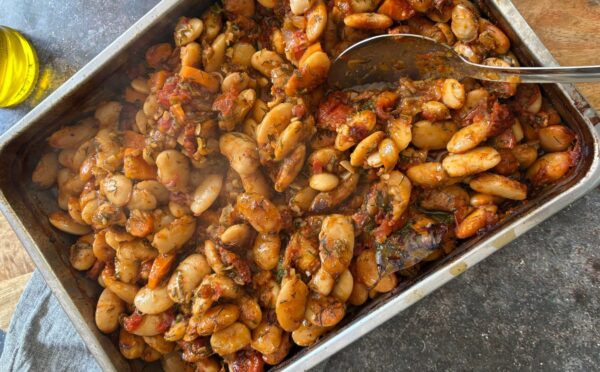 Greek gigantes or giant Greek butter beans with garden veggies and tomato