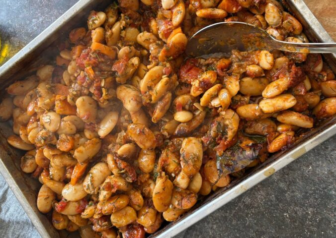 Greek gigantes or giant Greek butter beans with garden veggies and tomato