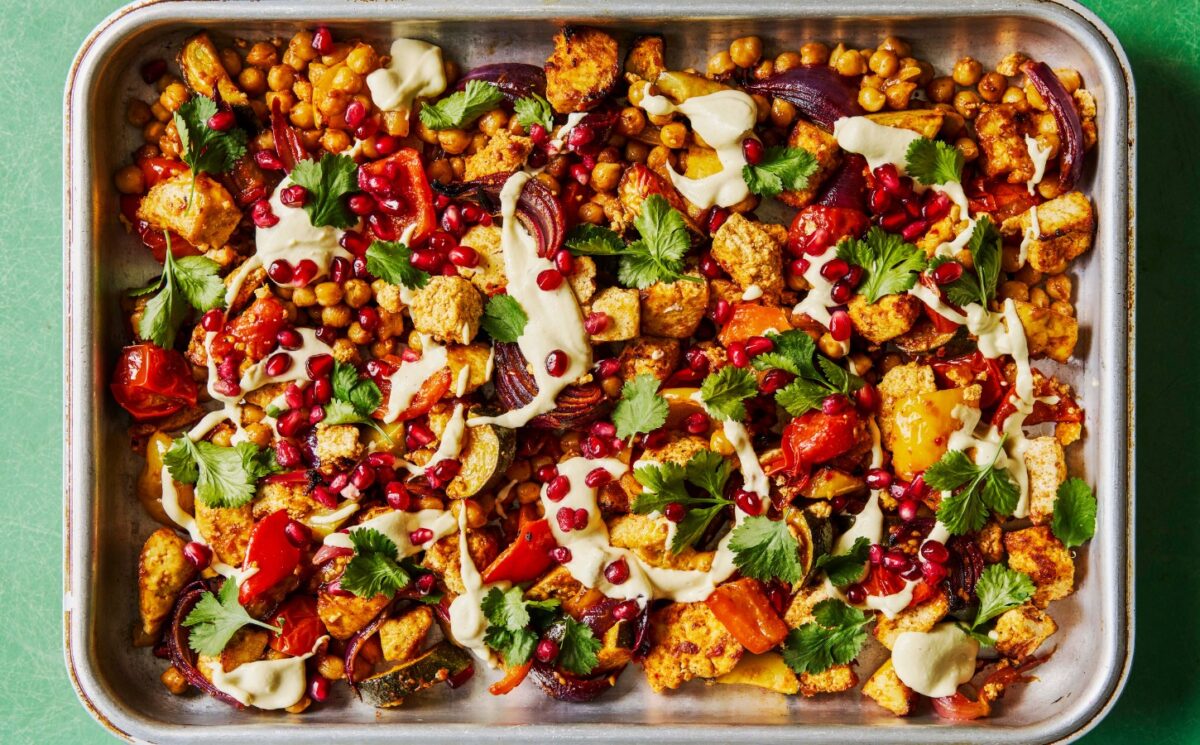 harissa tofu veggie traybake for lazy vegan dinners