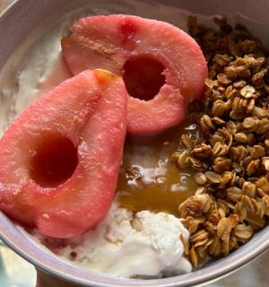 hibiscus poached pears with stovetop granola and vegan whipped cream